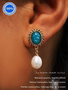 A Pair **Luxury Collection Women's Sterling Silver Earrings** Crafted From 925 Sterling Silver Plated With 18K Gold, These Exquisite Earrings Feature A Central Blue Section Adorned With Shimmering Silver Foil, Elegantly Framed By Sparkling Cubic Zirconia Stones. - Royal Blue - View 12