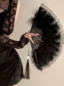 1pc Retro Foldable Feather Hand Fan, Elegant Classical Dance Costume Fan For Performance, Victorian Style Girly Fan Halloween Halloween Accessories - White - View 5