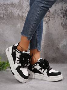 2025春季新款女黑白学生滑板鞋时尚百搭透气运动鞋休闲鞋ins风 - 黑與白 - 查看 5