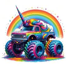 1/2/4pcs Coolest Rainbow Unicorn Monster Truck Design Heat Transfer Stickers, Suitable For DIY T-Shirts, Hoodies, Jeans, Backpacks, Handbags, Pillowcases And Vintage Baseball Caps, Durable Washable Plastic Stickers For Crafting And Decorating