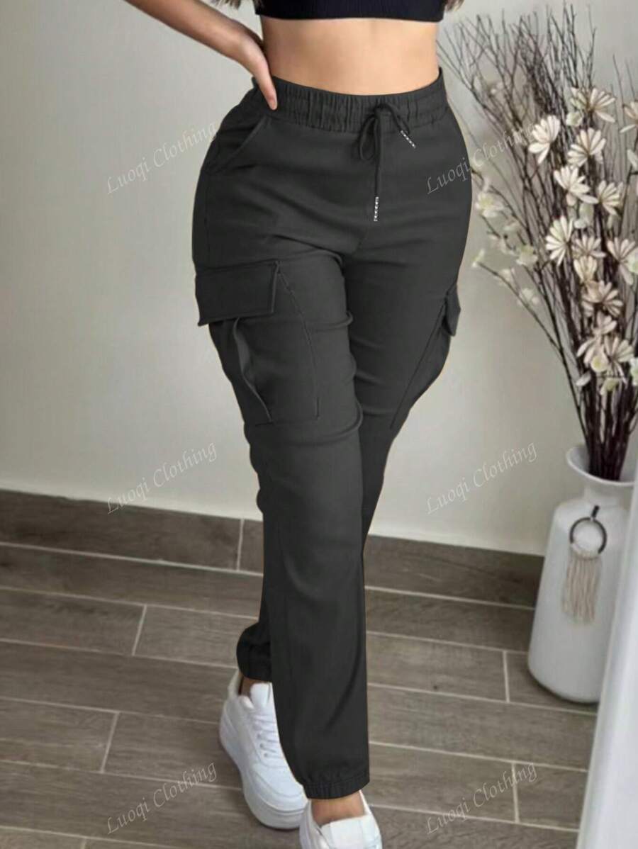 Fashion Solid Color Simple Cargo Pants With Pocket, Elastic Waist Drawstring