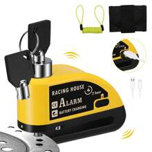 Gelbe Alarm Disc Lock Wiederaufladbare Motorrad Scheibenbremse Lock Alarm 110dB mit 1.5m Erinnerungskabel Verstärktes wasserdichtes High Security Scheibenbremsschloss für Motorrad, Fahrrad, Roller, E-Bike