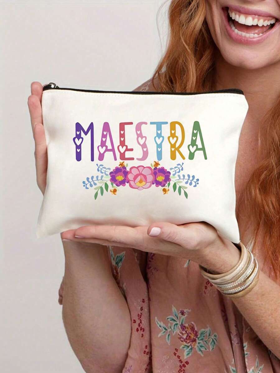 1pc Teacher Gifts,To Best Teacher Ever Letter Print Makeup Bag,Gift Bag Zipper Bag For Travel Makeup Bags Makeup Organizer Make Up Organizer Makeup Storage Makeup Pouch Make Up Pouch,For Holiday Beach, Bathroom Collection, Bedroom Collection, Large Capacity