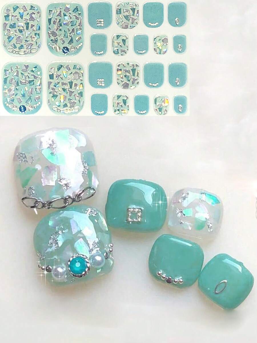3D Large Crystal Summer Women's Travel Mint Green Nail Art Stickers 22pcs Toe Nail Decals Party Decoration - Multicolor - View 1