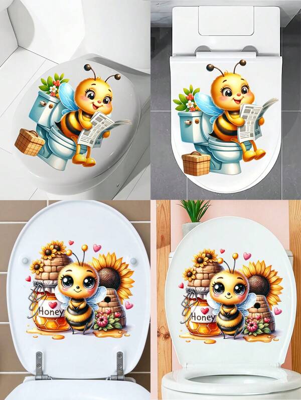 1 stuk wc-brilsticker met bijen die kranten lezen - zelfklevende muursticker met dierenprint voor badkamer, doucheruimte, slaapkamer - compatibel met keramisch oppervlak, vinylsticker voor huisdecoratie, toiletdecoratie-artikelen. Vernieuw uw huis.