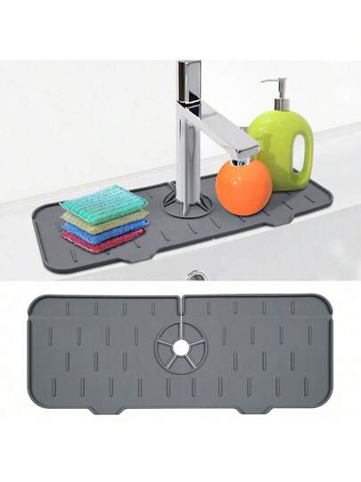 1pcKitchen Sink Splash Guard - Silicone Faucet Handle Drip Catcher Tray, Dish Soap Dispenser And Sponge Holder Mat Behind Faucet, Kitchen Guard Gadgets Sink Accessories For Kitchen Counter And Bathroom
