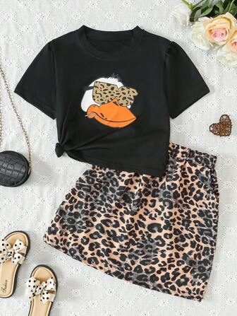 2 stuks/set modieuze luipaardprint eendenkop T-shirt met korte mouwen gecombineerd met luipaardprint rok