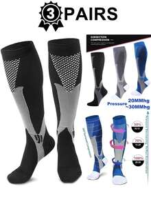 3 Pairs Soft, Breathable Nylon Outdoor Sport Compression Socks, Geometric Pattern Knitted Fabric With Side Stripes, Odor Resistant, Moisture Wicking, Suitable For Men For Home, Skating, Running, Travel, Hiking, And Various Sports All Year Round, Fall - Multicolor - View 2