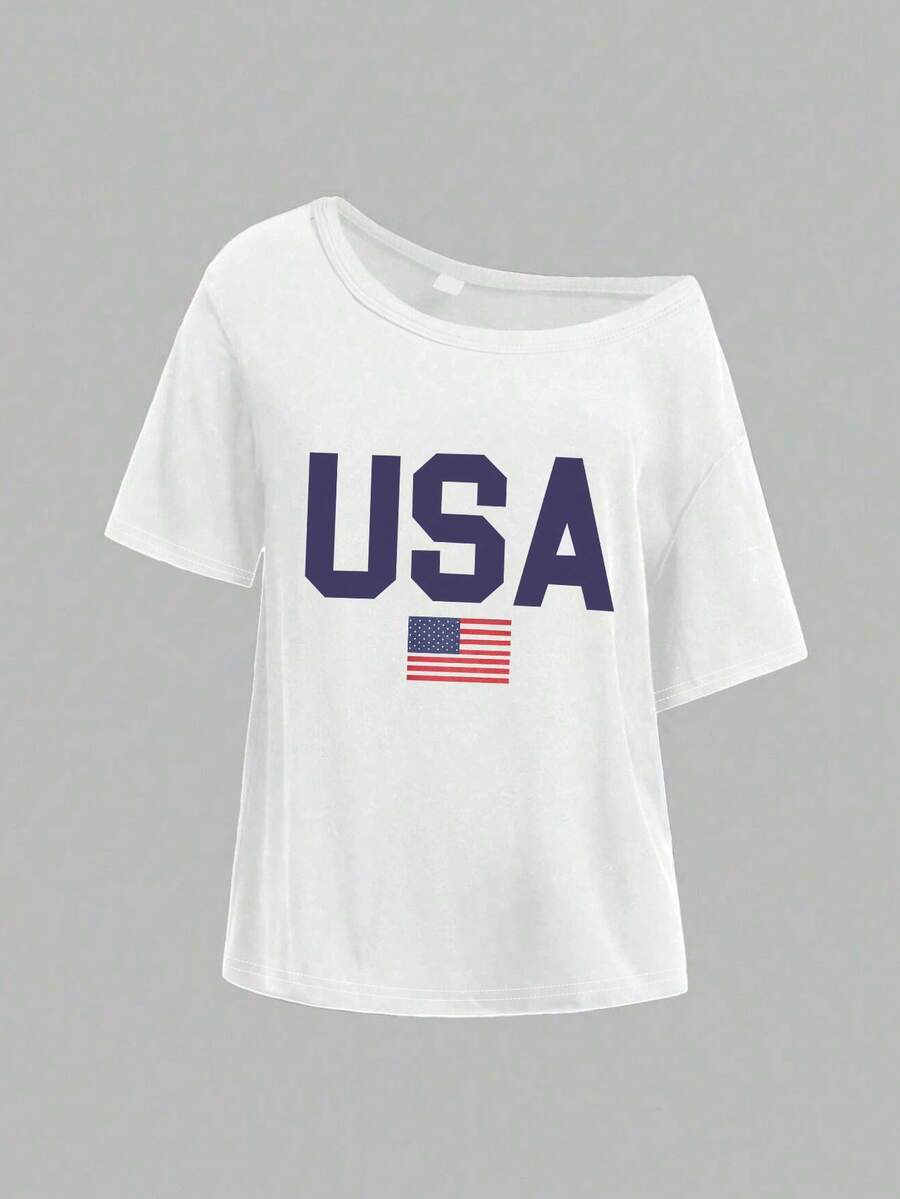 Teen Girl The Flag Of The United States USA Print Casual Loose Short Sleeve One Shoulder Tee For Summer - White - View 1