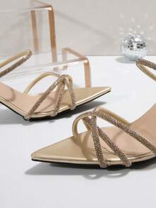 9cm Pointed Toe Faux Suede Fawn Lining Multi-Strap Open Toe Rhinestone Decor Women High Heel Sandals, Suitable For Party, Date, Commute - Gold - View 8