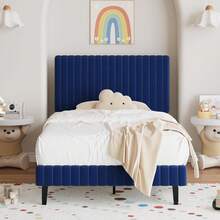 Queen Bed Frame, Upholstered Bed Frame, Velvet Upholstered Bed Frame With Headboard And Footboard, Vertical Channel Tufted Headboard, White/ Black/ Pink/ Green/ Blue, Twin/ Full/ Queen/ King - 藍色 - 查看 12