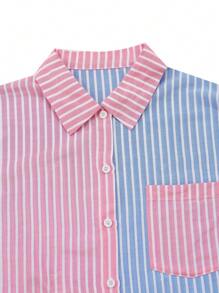 Women Patchwork Color Stripe Loose Casual Short Sleeve Shirt Blouse