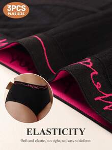 MEIYATING 3pcs Plus Size Women's Mid-Rise Briefs, Letter & Vertical Stripe Design - Black - View 7