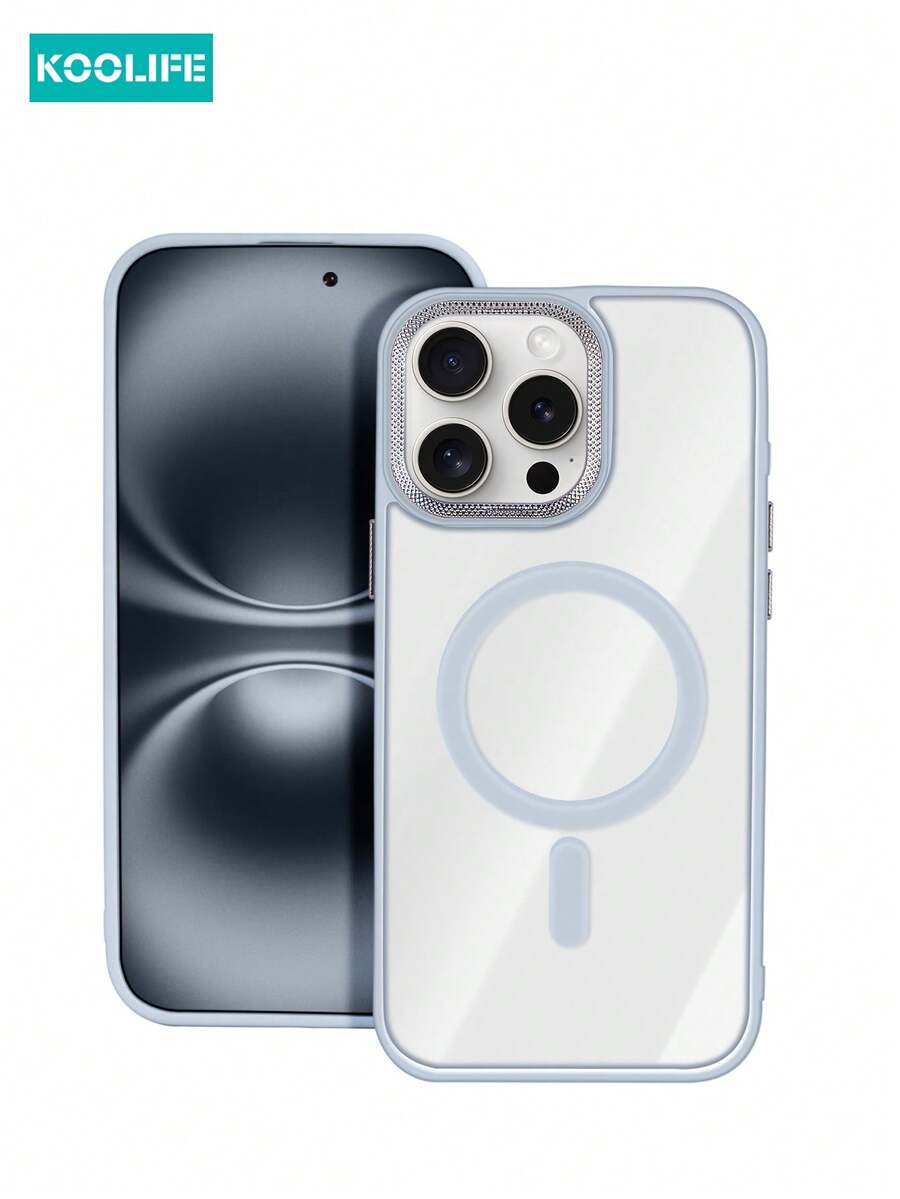 1 Pc Koolife Skin-Friendly Electroplated Transparent Magnetic Protective Case, Rhinestone Texture Ultra-Thin, Soft-Touch, Anti-Slip, Anti-Drop, Independent Buttons, PC+TPU Compatible With IPhone 12/12 Pro/12 Pro Max/13/13 Pro/13 Pro Max/14/14 Plus/14 Pro/14 Pro Max/15/15 Pro/15 Plus/15 Pro Max/16 Pro/16 Plus/16e/16 Pro Max Waterproof Shockproof Scratch Resistant - Far Peak Blue - View 1