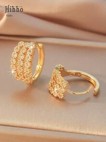 Hihho 1 Pair Fashionable Vintage Multilayer Line Zirconia Embedded Earrings, Classic Triple Row Hollow Women Stud Earrings, Available In Gold And Silver, Suitable For Gifts, Daily Wear And Parties - Earrings - View 4