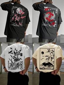 4pcs/Set Men's Casual Street Style Cultural Graphic Short Sleeve T-Shirts, Summer Tee