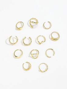 12pcs Smooth Geometric Shaped Oversized Fashion Rings, Retro Style Classic Gold Color Ladies Rings - Gold - View 3
