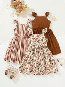 3pcs/Set Young Girls Cute Square Collar Sleeveless Casual Jumpsuit Dress - 咖啡棕 - 查看 2