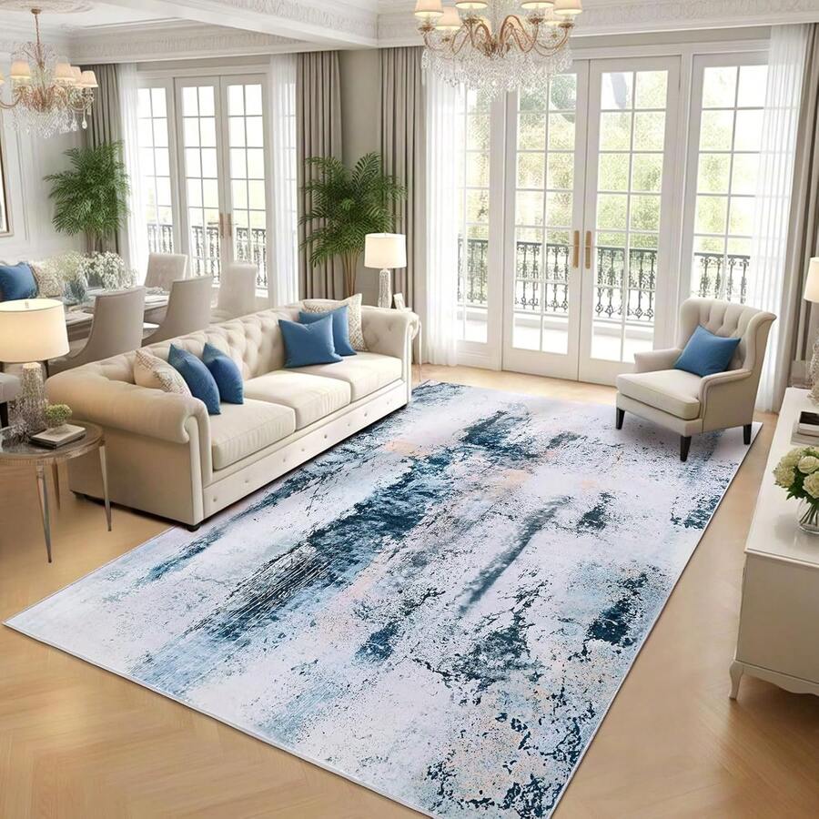 Abstract Area Rug For Living Room, Non-Slip Backing Washable Rug Low Pile Area Rug Carpet For Bedroom Dining Room - 藍色 - 查看 1