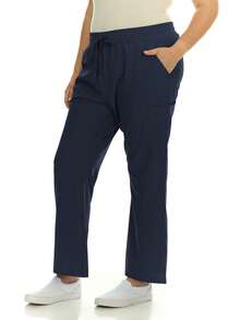 Plus Size Clinical Scrub Pants With Elastic Waistband & Cargo Pockets – 4-Way Stretch - Straight Leg Workwear For Women - Navy Blue - View 3