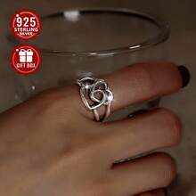 1pc 925 Sterling Silver Wedding Ring, Low Allergy Vintage Creative Double Layer Stacked Love Open Ring, Style, Suitable For Gifting, Unisex Couple Ring (Contains Approx 3g Silver) - Silver - View 6