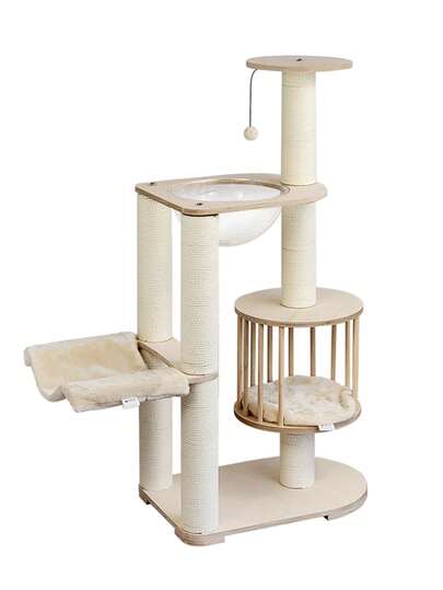 1pc Excellent U-Shaped Cat Tree, Can Accommodate 3-5 Cats Up To 22 Lbs, Includes Cat Bed, Scratching Post, Transparent Capsule, Plush Pads, Premium Birchwood & Sisal Rope, 46.61in*23.62in*15.75in, Marine Style