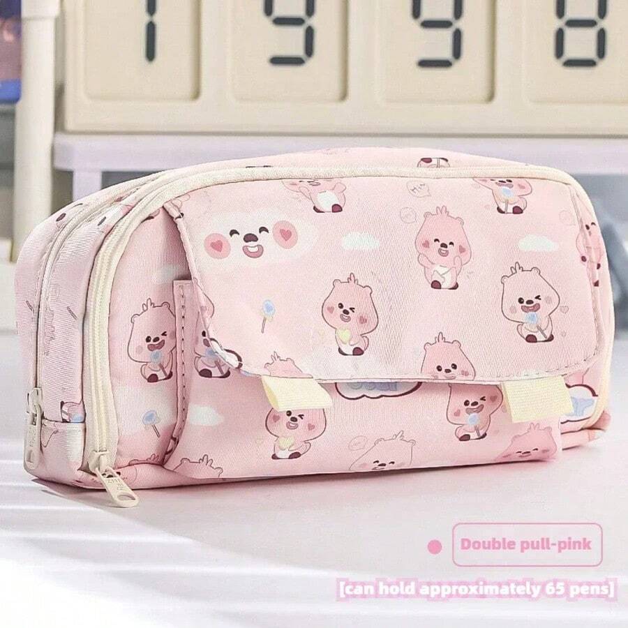 New High-Capacity Student Pencil Case With High Aesthetic Appeal Cartoon Anime Zipper Pencil Case Stationery Box Storage Bag - Chim hải ly hồng Phoebe - Xem 1