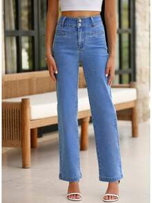 Sidefeel Women's Jeans High Waisted Straight Leg Stretchy Jeans Welt Pockets Loose Wide Leg Zimbaplatinum Pants - Mineral Red - View 8