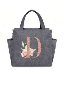Personalized Initial Recognition Grey Insulated Lunch Bag - Canvas Thermal Lunch Tote, Zipper Closure, Large Capacity Aluminum Foil Lining, Suitable For Work And School Use, Portable Handheld Lunch Bag, Food Cooler Bag, Ideal For Work, School, Travel, And Women's Day Gift. Lightweight Reusable, Splash-Proof, Suitable For Picnics, Office, School And Outdoor Activities - Easy To Clean, Water-Resistant, Compact Design. - Grey - View 26