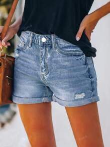 Jeans da donna di stile casual semplice e ampio, con stile vacanziero e lavorazione consumata, in colore unito lavato, di stile americano di transfrontaliero per l'estate