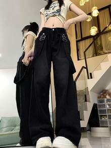 Detachable Strap High Waist Loose Wide Leg Jeans, Retro & Niche, Slimming Design