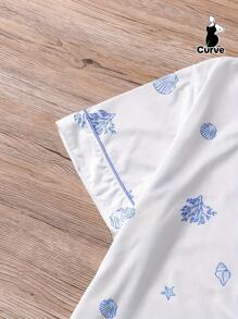 Set de 2 piezas de pijama para mujer de talla grande con estampado de tema oceánico, que incluye camisa de manga corta con cuello y botones, y pantalones cortos de cintura elástica holgada, de uso diario, cómodo y elegante para fiestas y uso casual en casa.