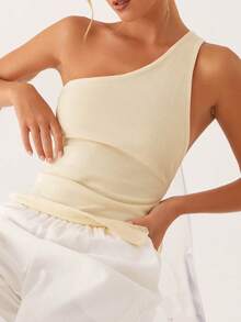Off One Shoulder Tank Tops For Women Solid Stylish Side Tie Design Summer T-Shirt - 淺黃色 - 查看 2