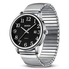 BIDEN Retro Fashion Wrist Watch, Unisex, Quartz Analog, Suitable For Middle-Aged And Elderly, Large Arabic Numeral Dial, Auto Date Display, Waterproof, Elastic Adjustable Strap - Black - View 4