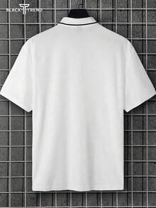 男士字母图案印花基础翻领前扣短袖复古休闲白色 Polo 衫，休闲日常穿着，适合老公外出，搭配休闲裤，适合旅游/度假/户外露营/运动 - 白色 - 查看 4