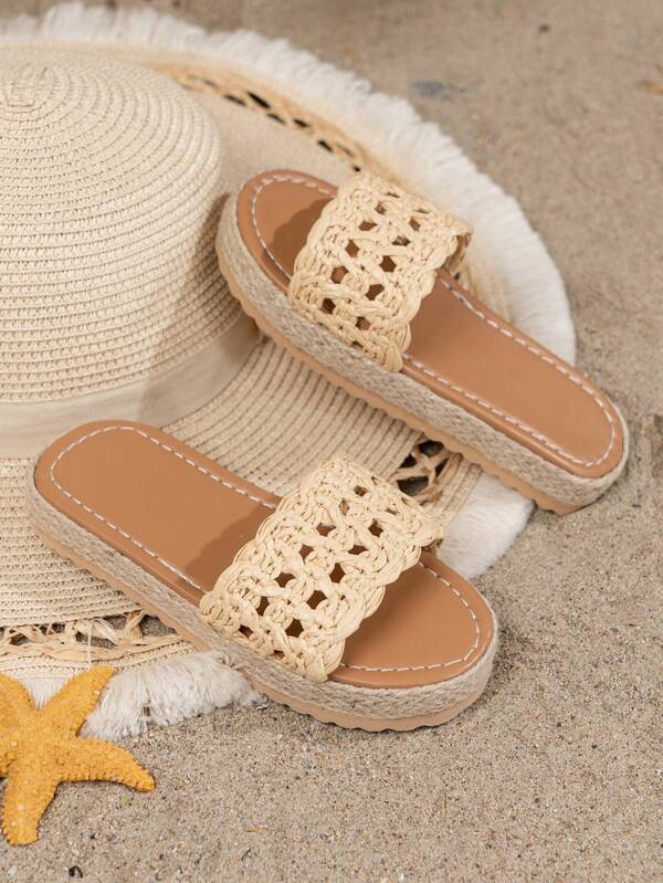 1 par de sandalias de plataforma de verano sencillas de paja trenzada con diseño hueco de moda para niñas para vacaciones en la playa