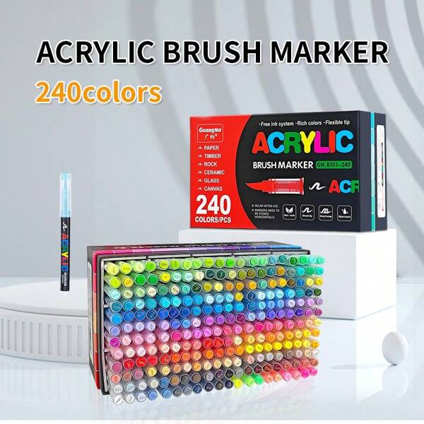 GuangNa 240 Colour Straight Liquid Acrylic Marker Set With Storage Bag, Uniform Colour, Stackable, Soft Tip Marker, Office, Art Painting Supplies, Suitable For DIY Crafts, Rocks, Wood, Plastic, Painting, Professional Art Painting Supplies, Convenient For Travelling, Suitable For Back-To-School Use School Supplies, Back To School