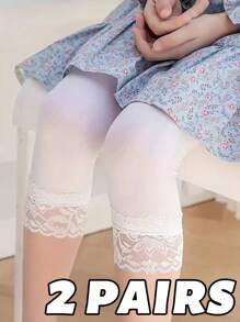 2/3/4/5 Pairs Lace-Trimmed Candy Color Girls 3/4 Leggings & Capri Shorts, Spring/Summer