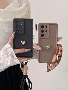 可爱黑金爱心图案手机壳，带手带，时尚手机壳，兼容三星 Galaxy S25、S24、S24 Plus/S24+、S24 Ultra、S24 FE、S20、S21、S22、S23、11/11 Pro/11 Pro Max/12/12 Pro，防水、防震、防摔、防刮，春季生日礼物 - 黑色 - 查看 7