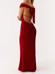 Women Elegant Off Shoulder Maxi Dress Ruched Underbust Tie-Up Open Back Bodycon Long Dress Party Cocktal Evening - 紅色 - 查看 3
