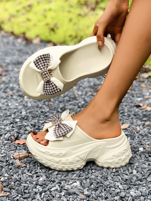Women's Thick Soled Slippers With Bow Decor, 2.75 Inch Heel Height, EVA Material, Lightweight, Comfortable, Sexy & Fashionable For Outdoor, Holiday, Summer Wear, Slip-Resistant & Beach Slippers