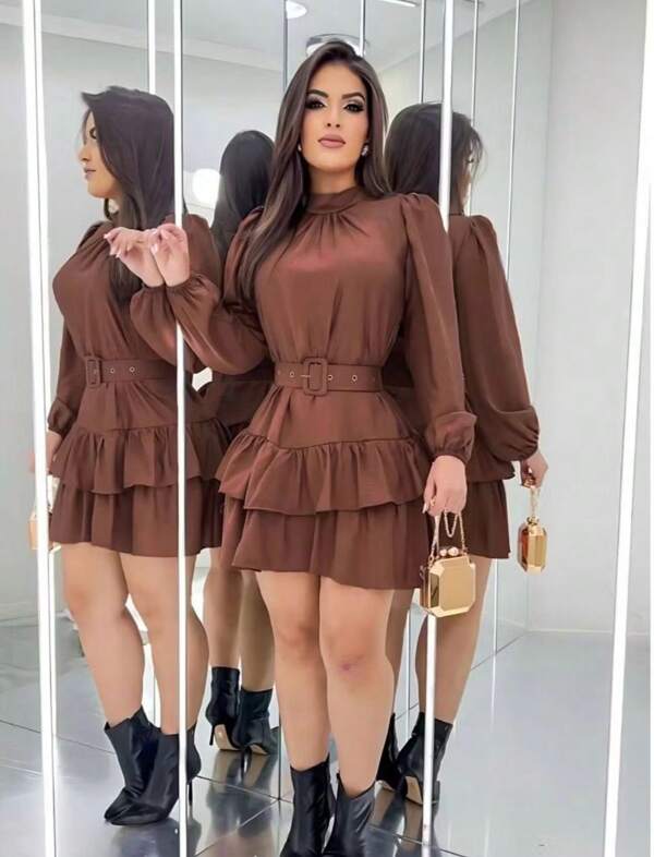Vestido Feminino Social Elegante – Manga Longa com Cinto e Babado no Tecido Duna