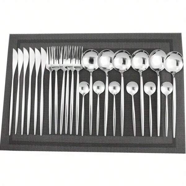 24pcs Stainless Steel Cutlery Set, Including Knife, Fork, Spoon, Dessert Spoon, Mirror Polished Flatware, Suitable For Family Gathering And Daily Use, Silver, Gift Box,School Supplies