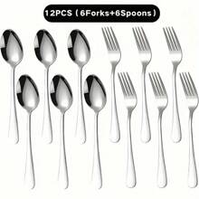 6pcs/12pcs Stainless Steel Silverware Set, Heavy Duty Forks And Spoons, Salad Forks And Spoons, Suitable For Restaurants, Hotels, Parties, Christmas, Thanksgiving, Picnics,School Supplies