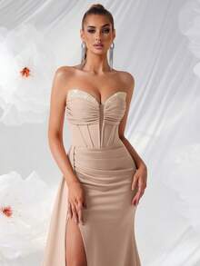 ADYCE Deep V-Neck Rhinestone Decor High Waist Long Tie-Up Open Back Ball Gown Formal Evening Dress, Party Dress, For Wedding Guest - Apricot - View 8