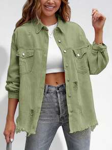 Green Denim Jacket Jeans Flap Pocket Drop Shoulder Denim Jacket Women's Ripped Distressed Denim Jacket Casual Long Sleeve Boyfriend Jean Coat Basic Jackets - Green - View 7
