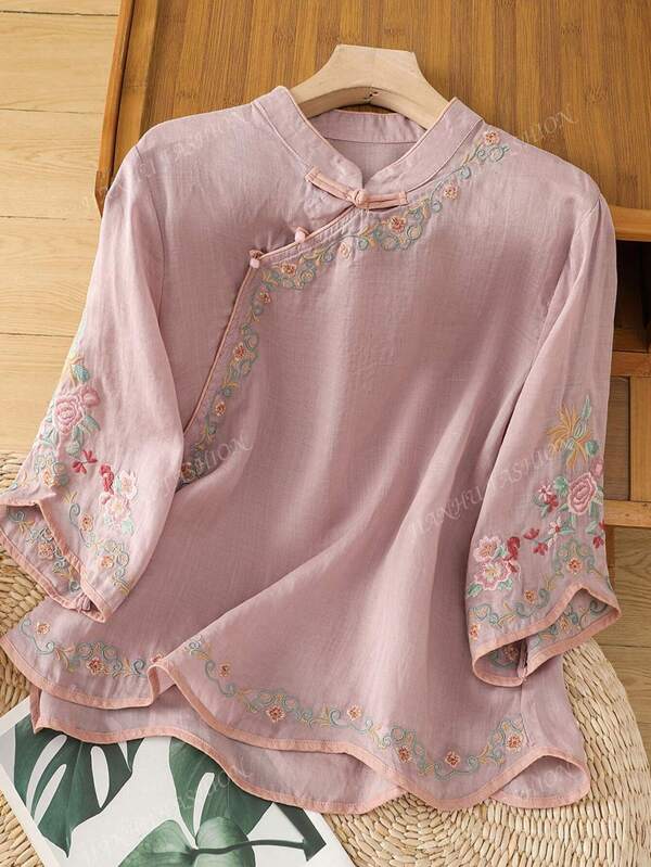 JIANHU Lente zomer geborduurde top met hoge hals, modern Chinees knoopontwerp, losse en elegante veelzijdige blouse