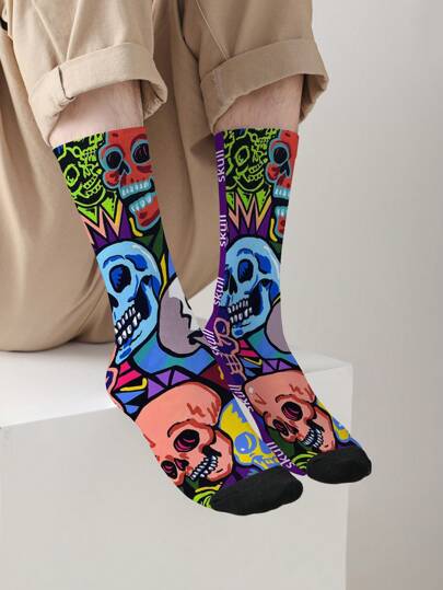 1 Pair 3D Digital Heat Transfer 360 Print Men's Crew Socks, Cartoon Zombie Design Suitable For All Seasons, Unisex, Comfortable Breathable Fashion Personalized Street Style Socks, Ideal For Holidays, Vacations, Gifts, Fall