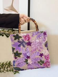 Elegant Women's Embroidered Sequin Contrast Mesh Bamboo Handle Tote Bag, Linen Handbag For Party/Vacation (Floral Pattern Random) - Multicolor - View 2