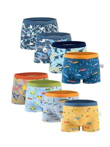8 Pcs Kids Boxer Briefs Shark And Car Pattern Soft Micro Fiber Kids Underwear For Boy 4-7Y